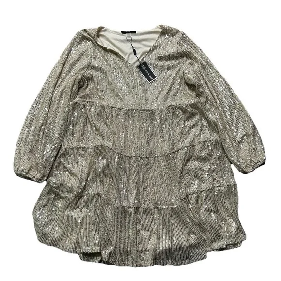 NWT Women’s Cable & Gauge Champagne Sequin Long Sleeve Dress Large New Years Eve - Picture 1 of 3
